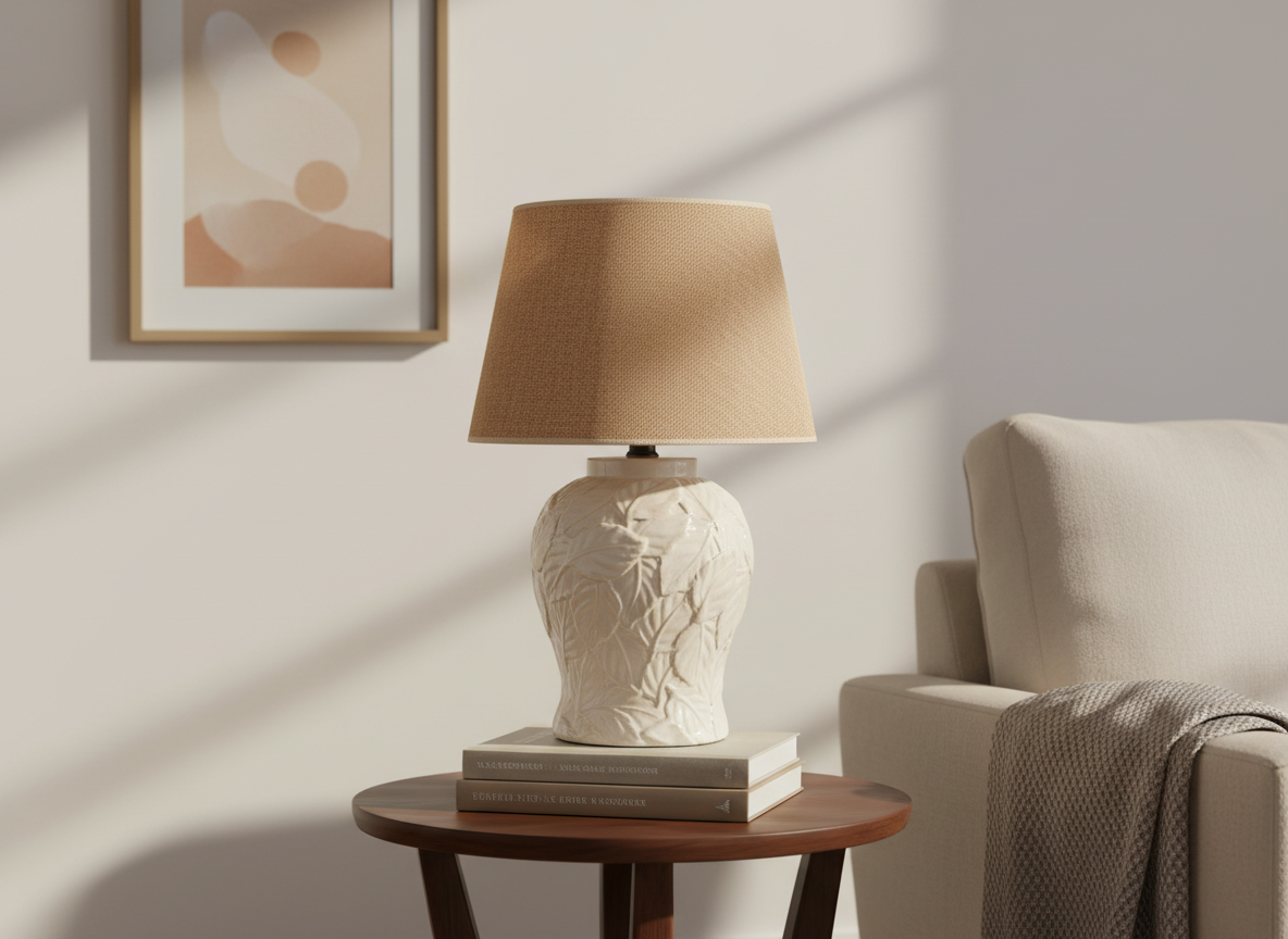 Off White Ceramic Lead Lamp, Beige Shade