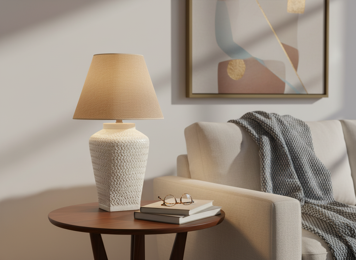 Off White Rattan Ceramic Lamp