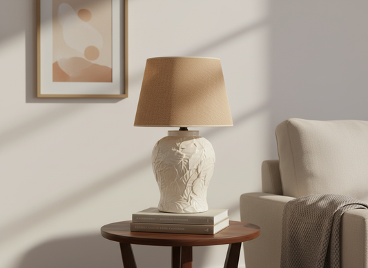 Off White Ceramic Lead Lamp, Beige Shade