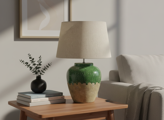 Green & Natural Lamp, Beige Shade